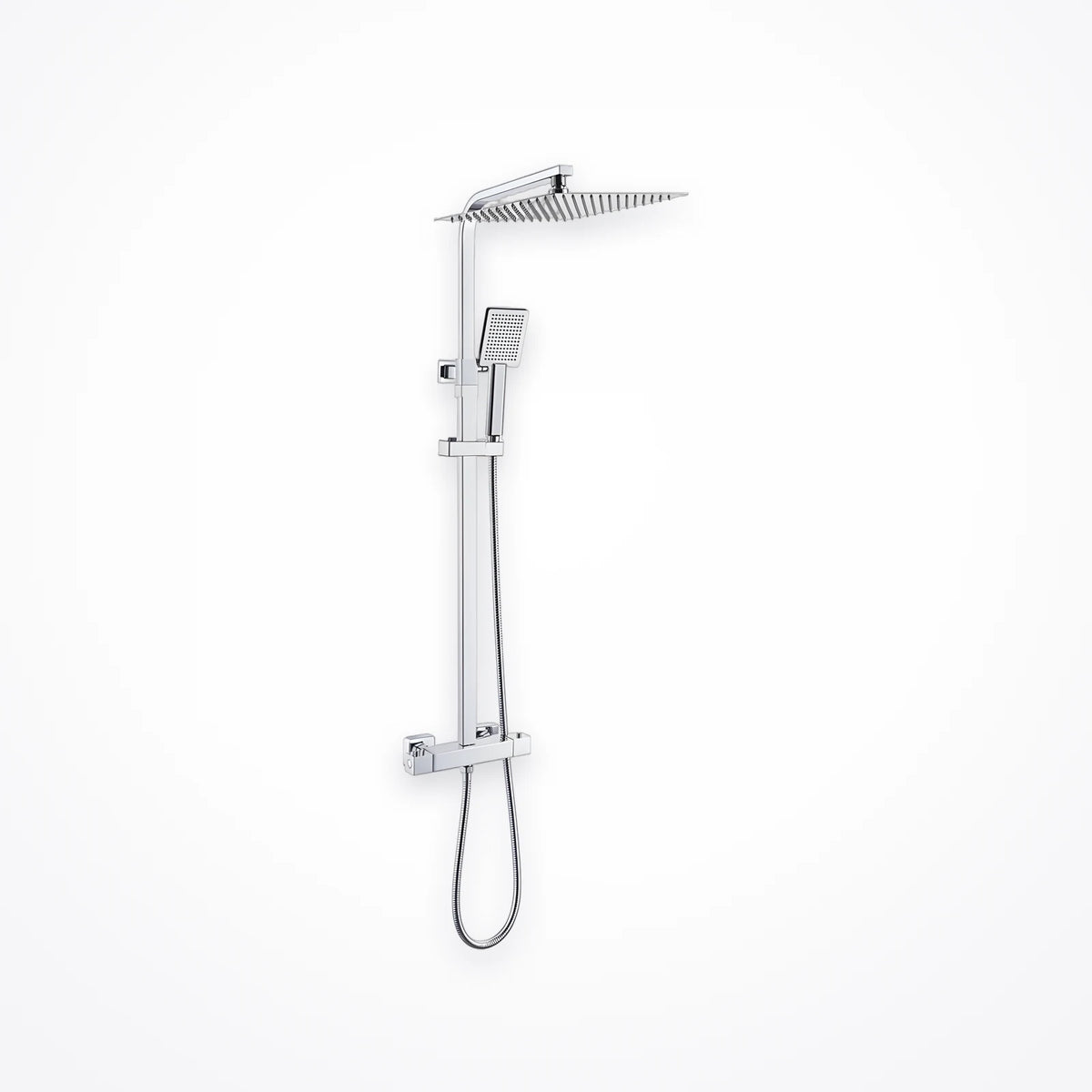 Colonne de douche thermostatique chromée avec tête de pluie carrée, douchette à main et mitigeur