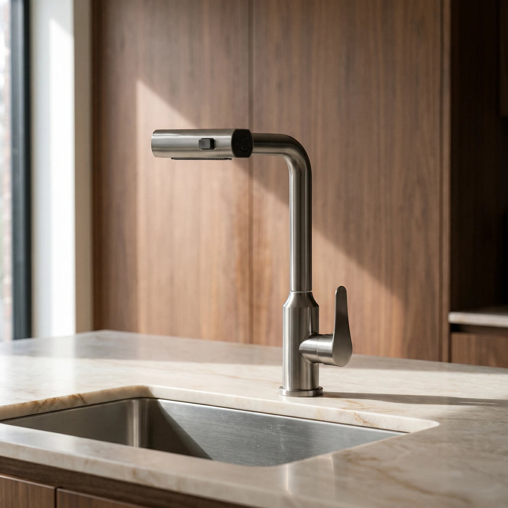 Robinet de cuisine gris anthracite à tête cascade sur un plan en marbre crème, devant des façades en noyer