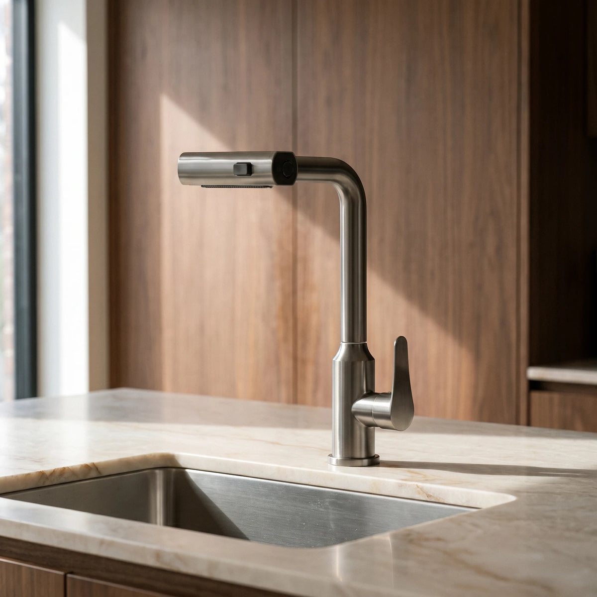 Robinet de cuisine gris anthracite à tête cascade sur un plan en marbre crème, devant des façades en noyer