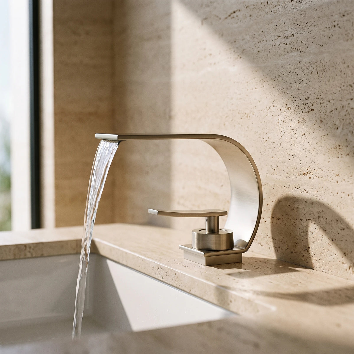Robinet de lavabo à bec cascade en arc, nickel brossé, l'eau tombant en nappe dans une vasque blanche sur un plan en travertin