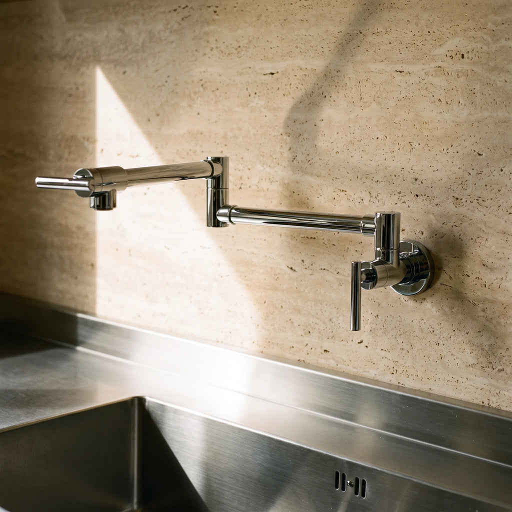 Robinet mural de cuisine en chrome poli à bras articulé, sur une crédence en travertin au-dessus d'un plan en inox