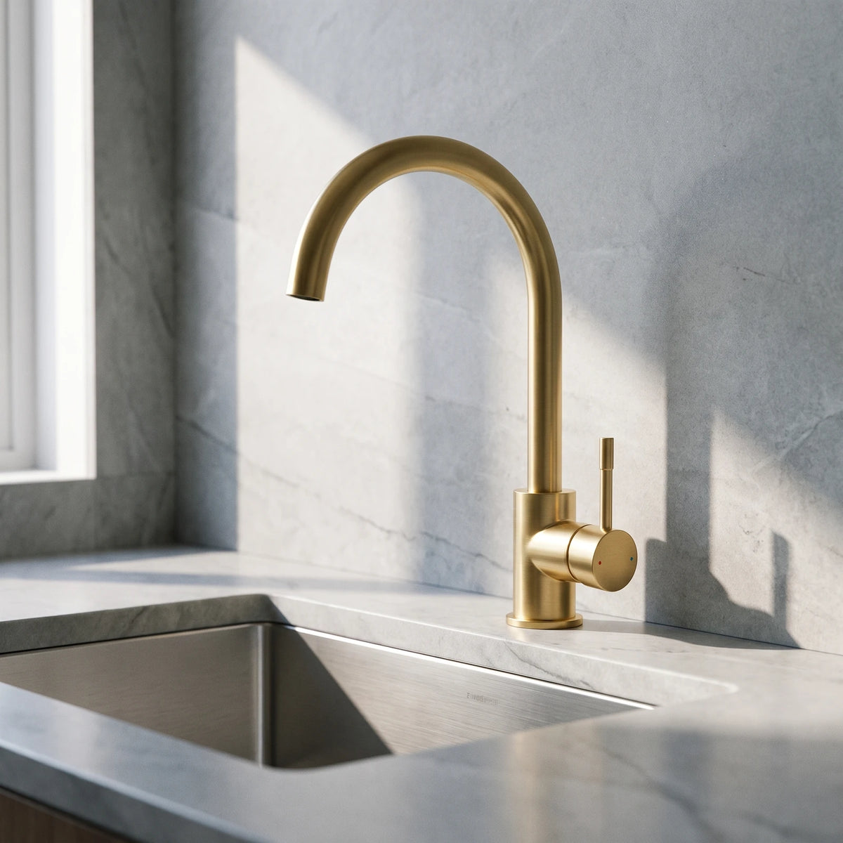 Robinet de cuisine or brossé à bec haut sur un plan et un mur en quartzite gris perle