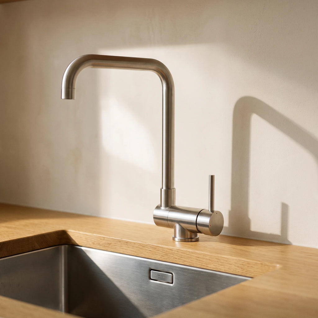 Robinet de cuisine pliable en inox brossé sur un plan en chêne massif, devant une crédence crème