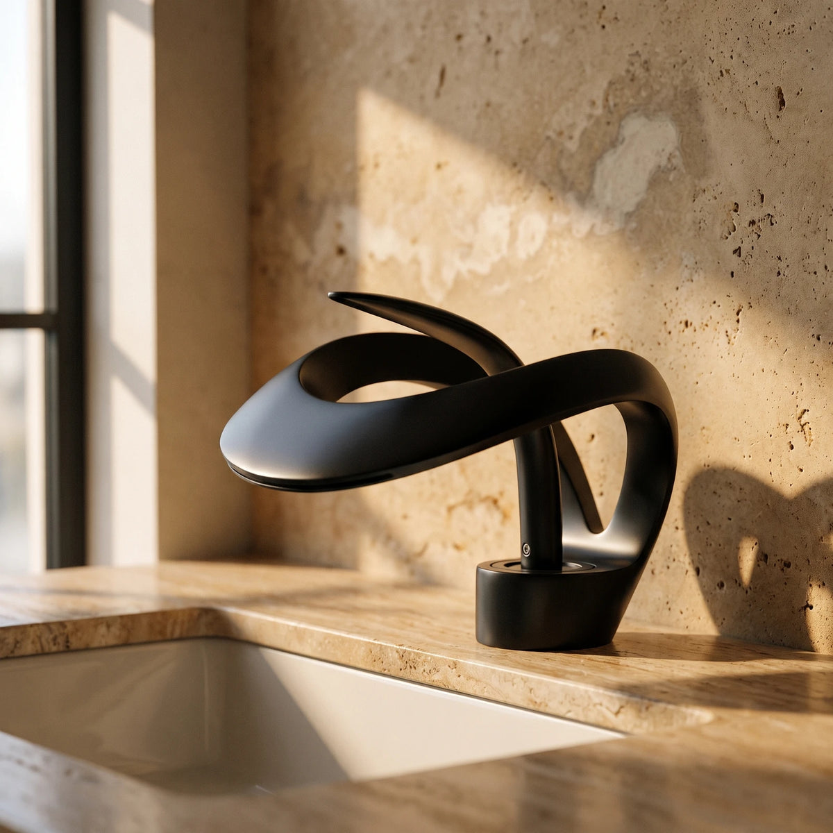 Mitigeur de lavabo sculpture à bec cascade, noir mat