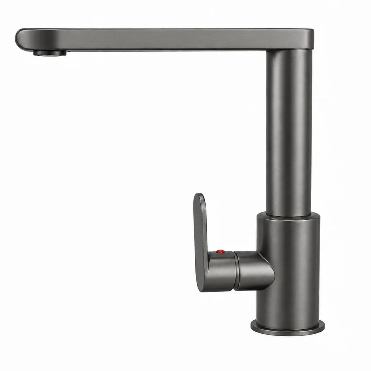 Robinet de cuisine gris gunmetal à bec pivotant, vu de profil sur fond blanc