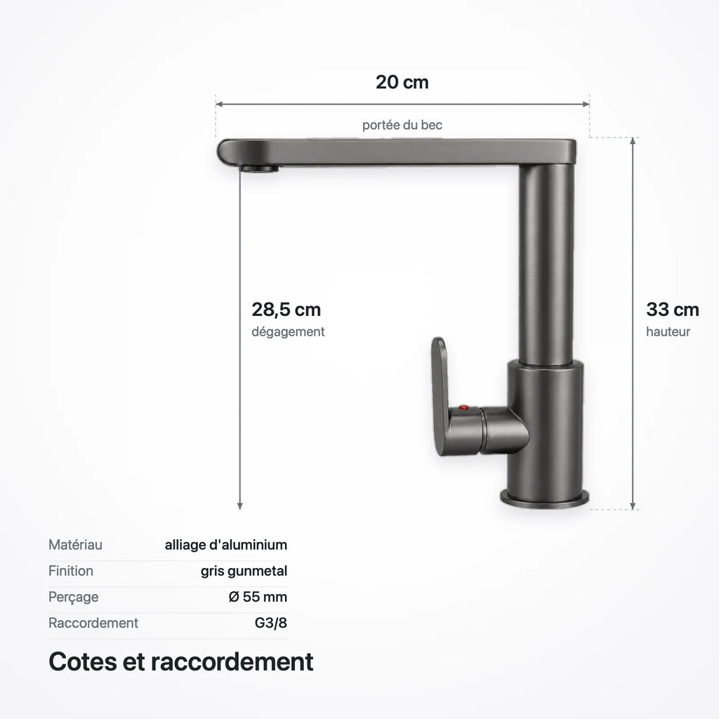 Schéma coté du robinet : portée du bec 20 cm, hauteur 33 cm, dégagement 28,5 cm, perçage 55 mm