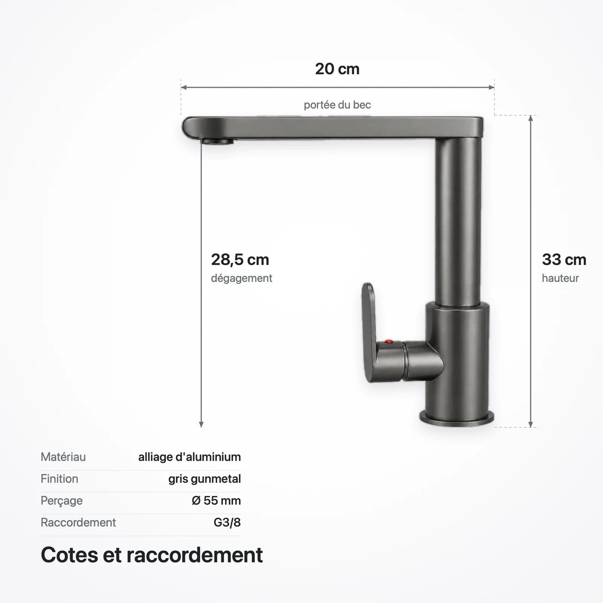 Schéma coté du robinet : portée du bec 20 cm, hauteur 33 cm, dégagement 28,5 cm, perçage 55 mm