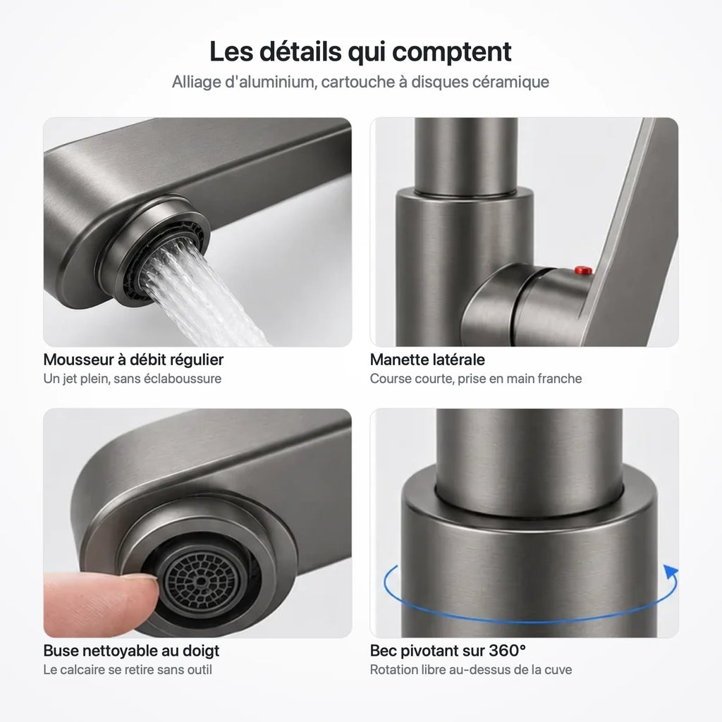 Quatre gros plans du robinet : mousseur en écoulement, manette latérale, buse nettoyable au doigt et base pivotante