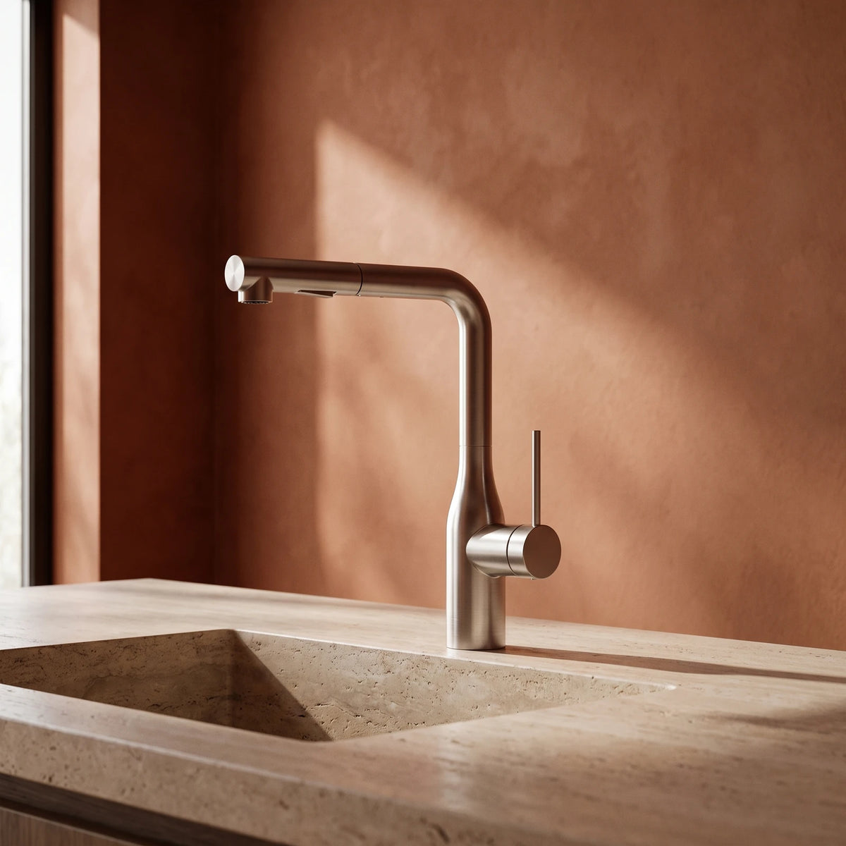 Robinet de cuisine en inox brossé sur un plan en travertin, devant un mur terracotta