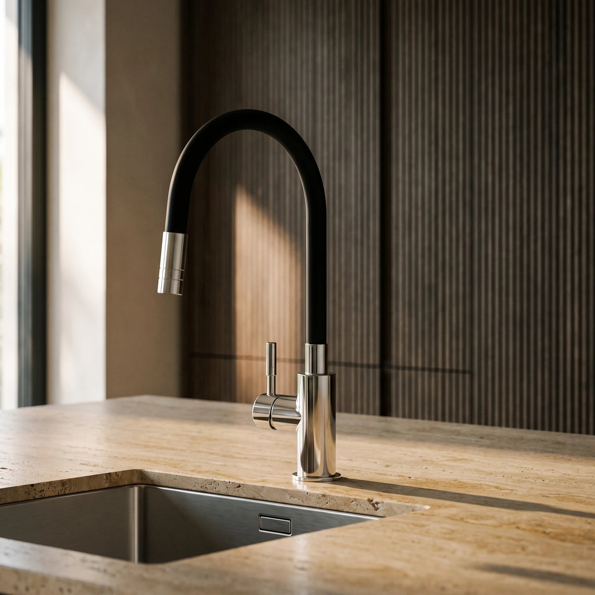 Robinet de cuisine à bec flexible noir sur un plan en travertin, devant des façades en chêne fumé