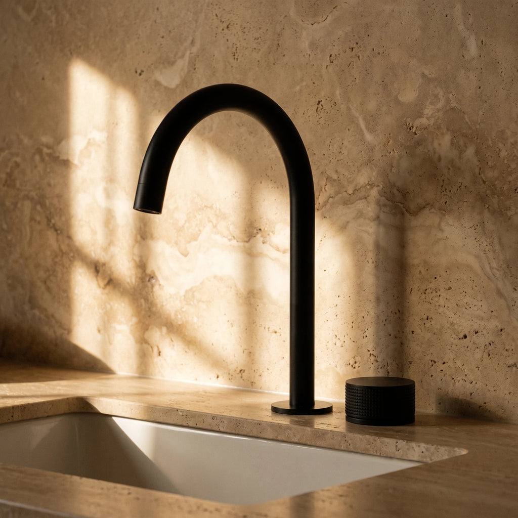 Robinet de lavabo 2 trous noir mat, bec col de cygne et molette séparée