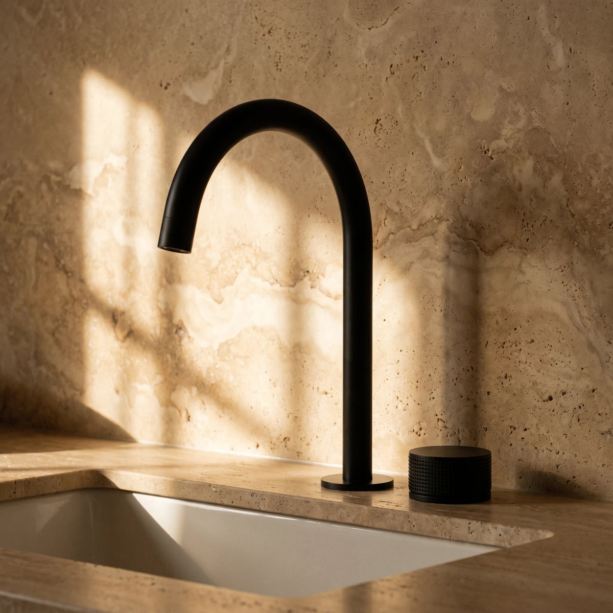 Robinet de lavabo 2 trous noir mat, bec col de cygne et molette séparée