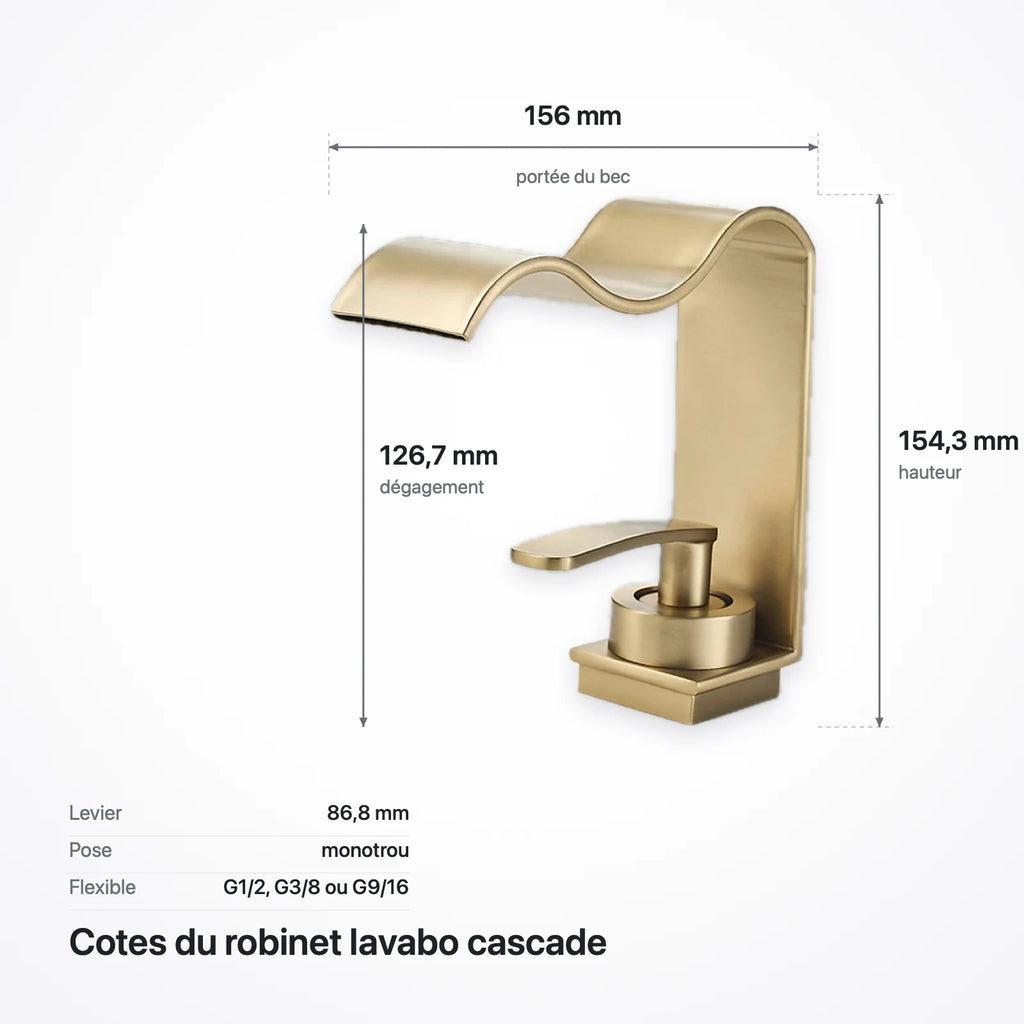Schéma coté : 156 mm de large, 154,3 mm de haut, 126,7 mm sous le bec