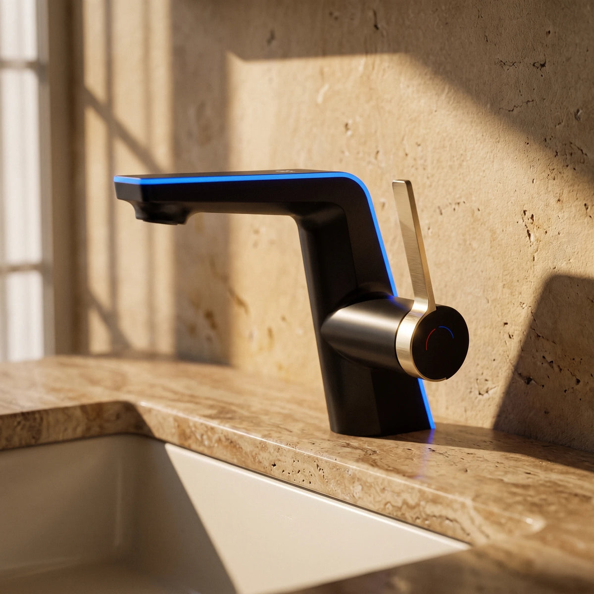 Robinet de lavabo noir à affichage LED de température, manette dorée
