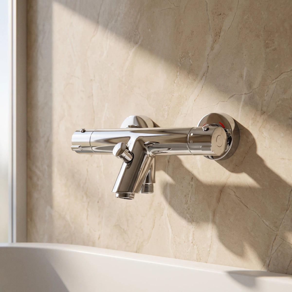Robinet thermostatique bain et douche chromé sur un mur en marbre beige, au-dessus d'une baignoire