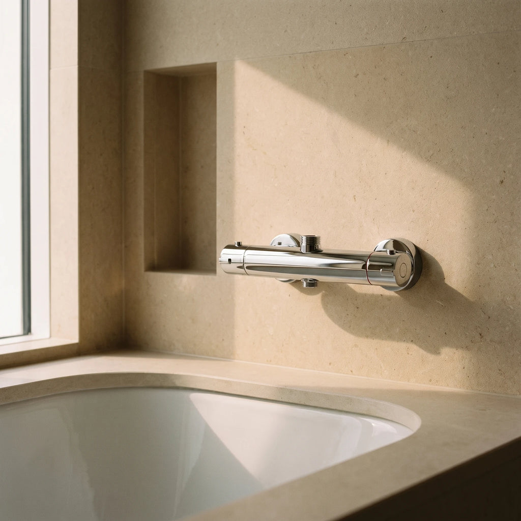 Robinet thermostatique de douche chromé monté sur un mur en pierre calcaire, au-dessus d'une baignoire encastrée