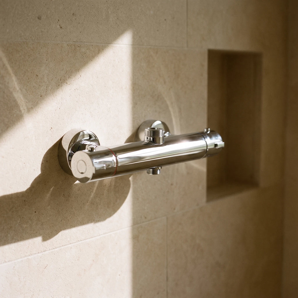 Robinet thermostatique de douche chromé sur un mur en pierre calcaire, près d'une niche