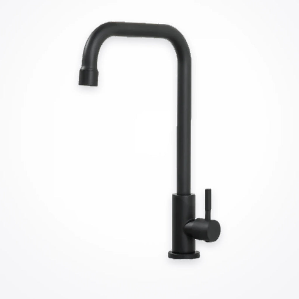 Robinet d'évier de cuisine noir mat, bec en U vu de profil sur fond blanc