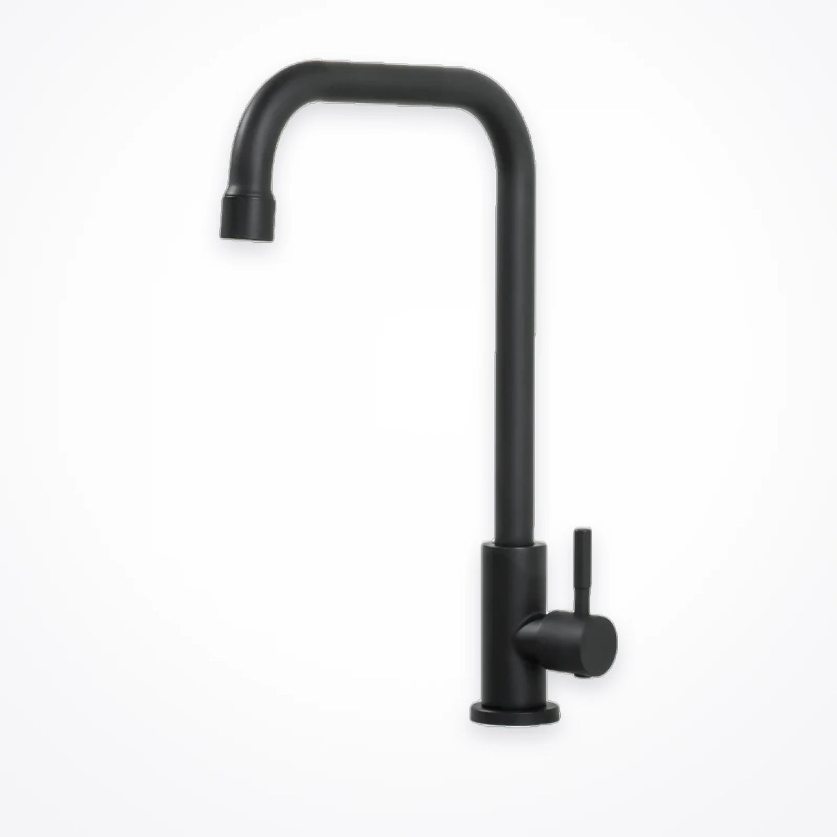 Robinet d'évier de cuisine noir mat, bec en U vu de profil sur fond blanc