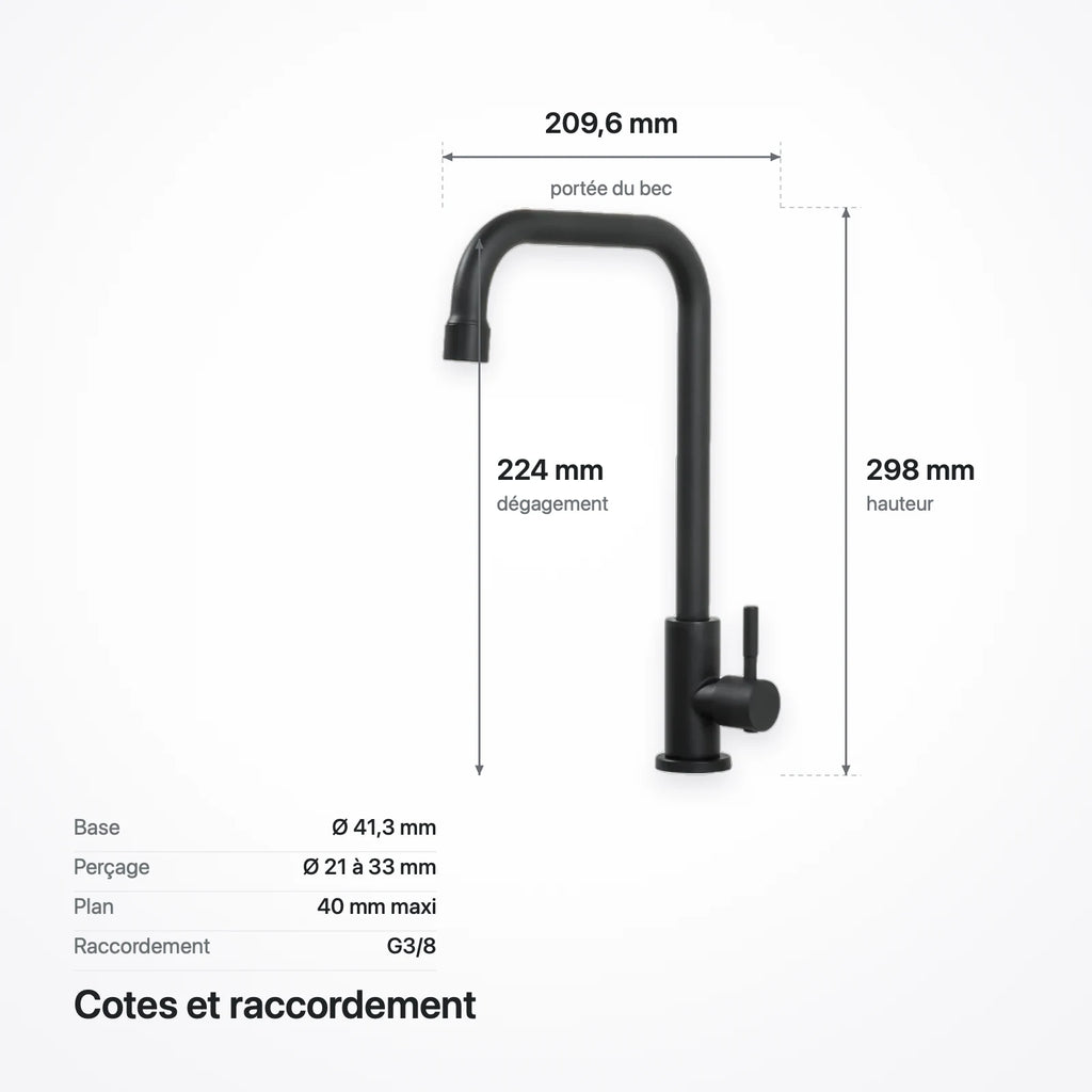 Schéma coté du robinet : hauteur 298 mm, portée 209,6 mm, dégagement 224 mm, base Ø 41,3 mm