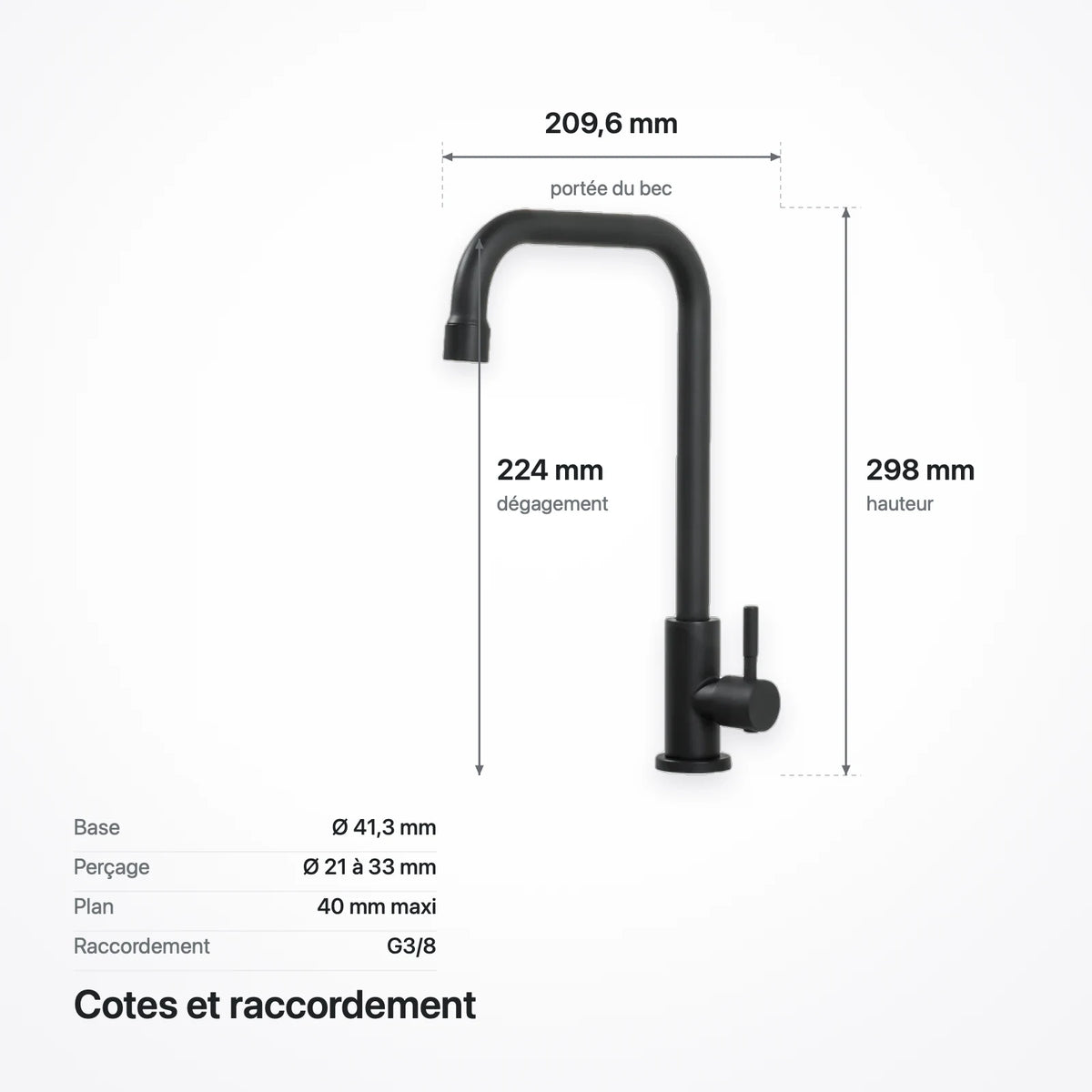 Schéma coté du robinet : hauteur 298 mm, portée 209,6 mm, dégagement 224 mm, base Ø 41,3 mm
