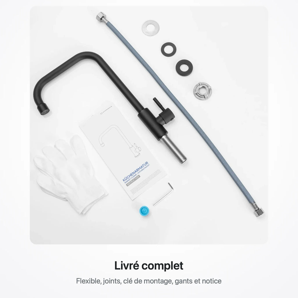 Contenu du colis : robinet, flexible tressé, joints, clé de montage, gants et notice