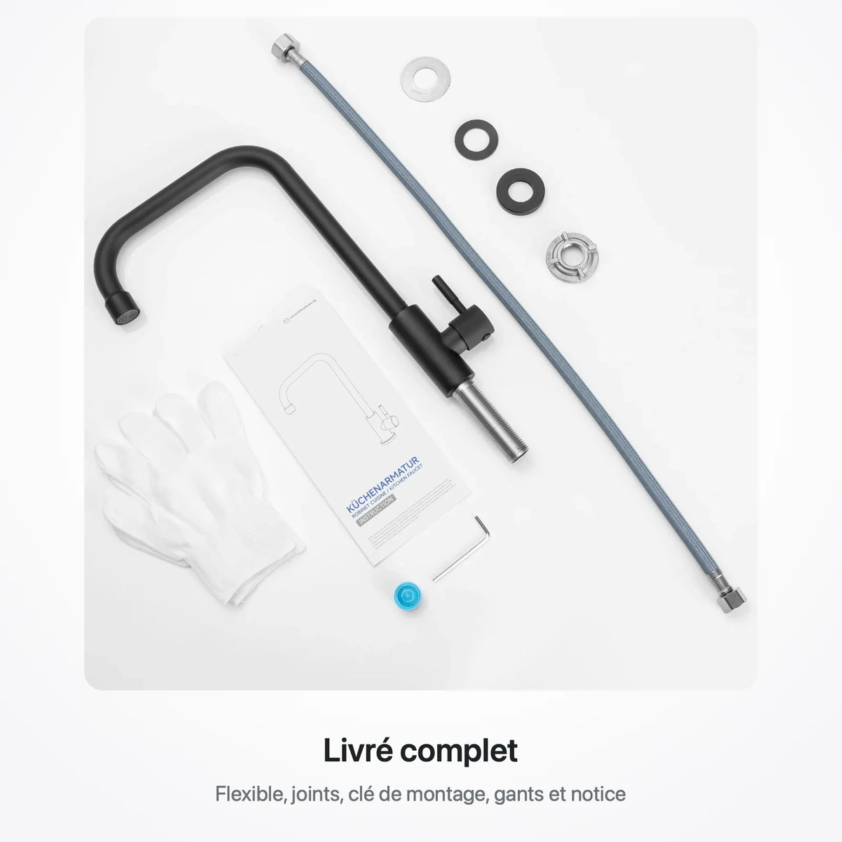 Contenu du colis : robinet, flexible tressé, joints, clé de montage, gants et notice