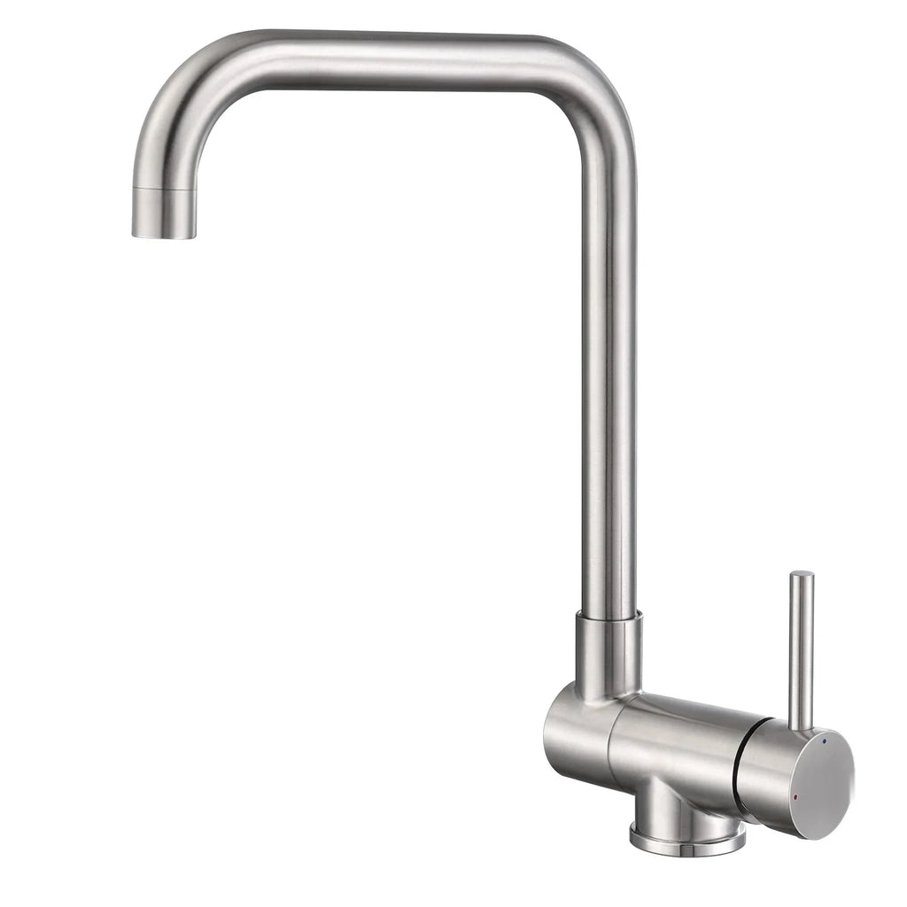 Robinet de cuisine pliable en inox brossé, bec en U vu de profil sur fond blanc