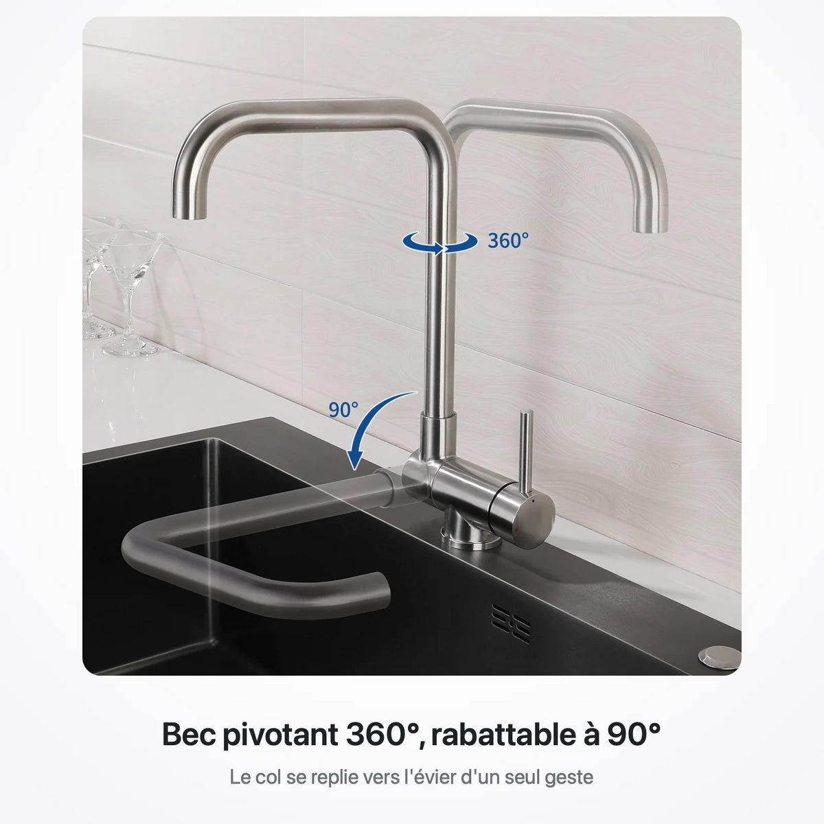Robinet de cuisine pliable : bec pivotant sur 360° et rabattable à 90° au-dessus de l'évier