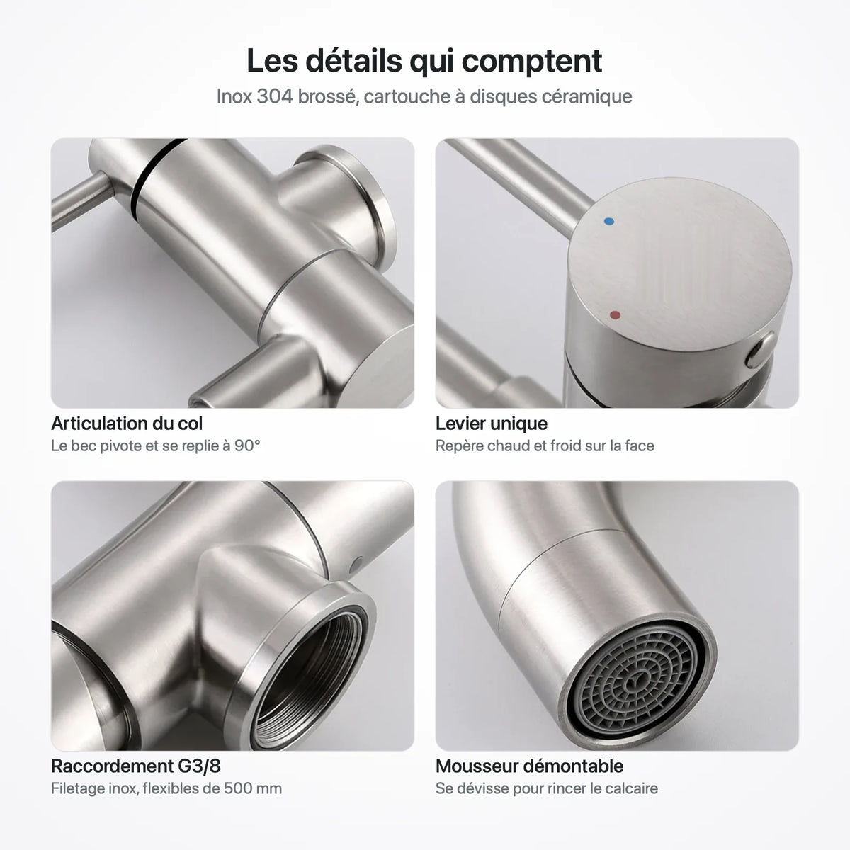 Quatre gros plans du robinet pliable : articulation du col, levier, raccordement G3/8 et mousseur